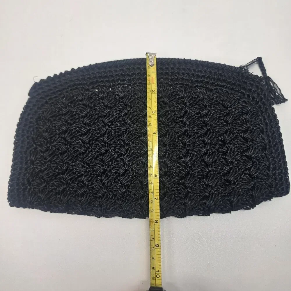 Vintage 1950s Black Cord Crochet Woven Clutch Handbag Purse Zip Retro MCM Japan